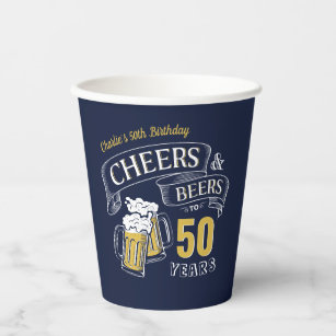 Navy Yellow Cheers And Beers Any Age Birthday Paper Cups