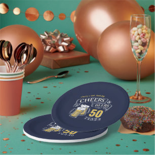 Navy Yellow Cheers And Beers Any Age Birthday Paper Plates