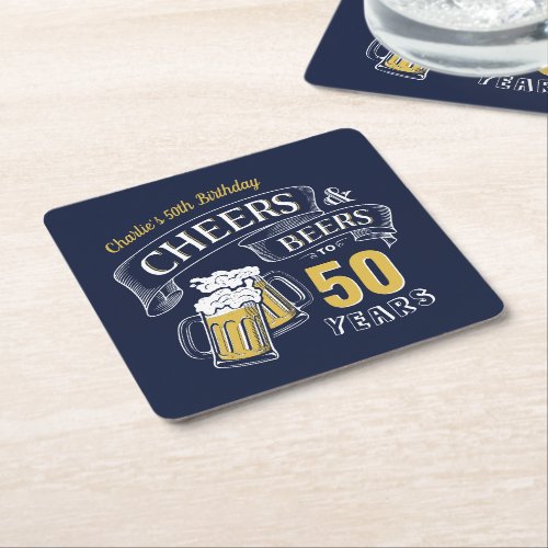 Navy Yellow Cheers And Beers Any Age Birthday Square Paper Coaster