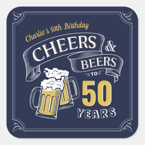 Navy Yellow Cheers And Beers Any Age Birthday Square Sticker