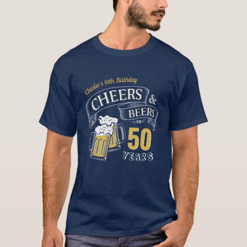 Navy Yellow Cheers And Beers Any Age Birthday T_Shirt