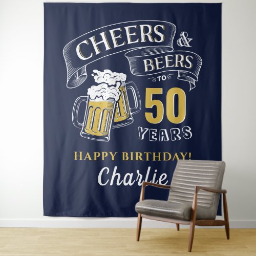Navy Yellow Cheers And Beers Any Age Birthday Tapestry