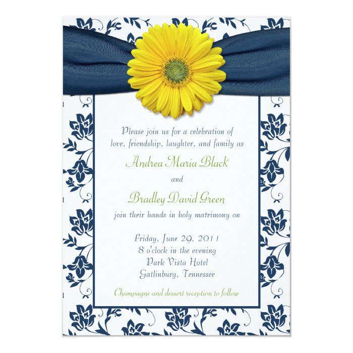 Navy Yellow Damask Daisy Wedding Invitation | Zazzle