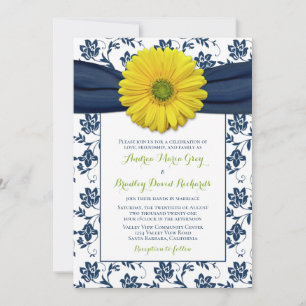 Navy Yellow Damask Daisy Wedding Invitation
