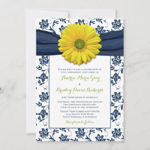 Navy Yellow Damask Daisy Wedding Invitation