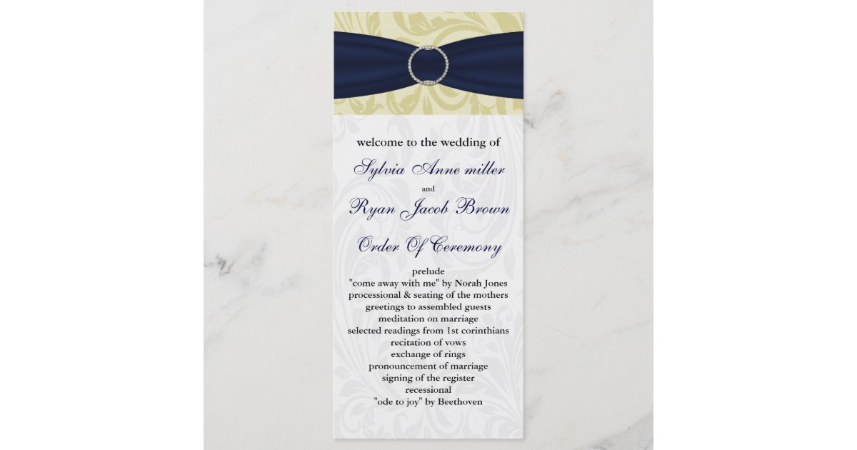 Navy Yellow Faux Ribbon Diamante Buckle Wedding Program Zazzle Com