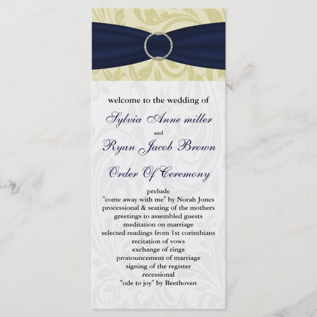 Navy Yellow  FAUX ribbon diamante buckle Wedding Program (Front)
