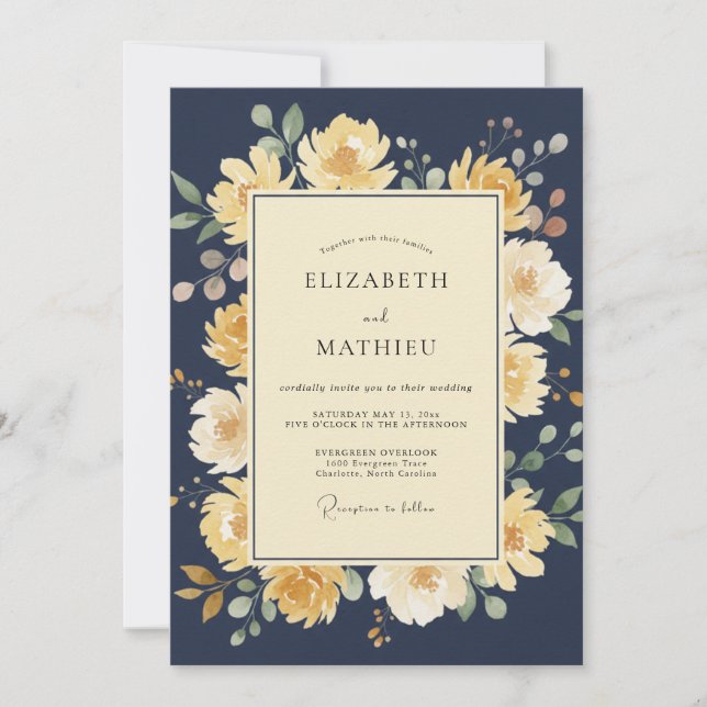Navy Yellow Floral Bouquet Wedding Invitation (Front)