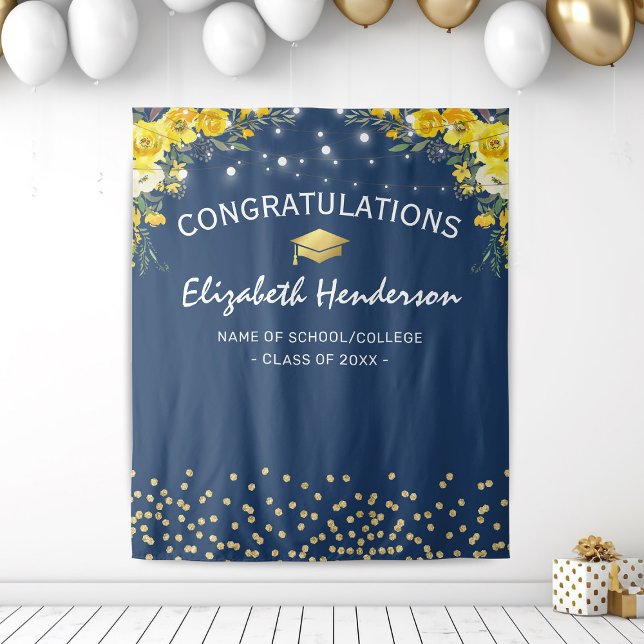 Navy & Yellow Floral Graduation Photo Backdrop (Creator Uploaded)