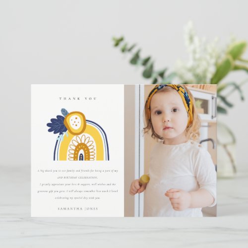 Navy Yellow Floral Rainbow Photo Any Age Birthday Thank You Card
