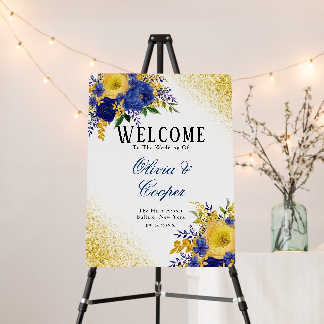 Navy Yellow Gold Peony Wedding Welcome Sign (In Situ (Stand))