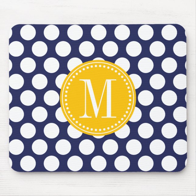 Navy & Yellow Green Big Polka Dots Monogrammed Mouse Pad (Front)