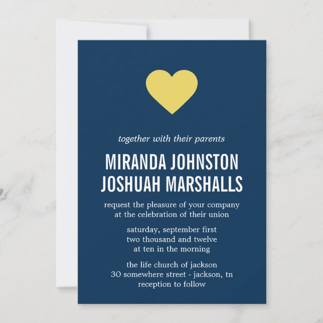 Navy & Yellow Heart Design Wedding Invitations (Front)