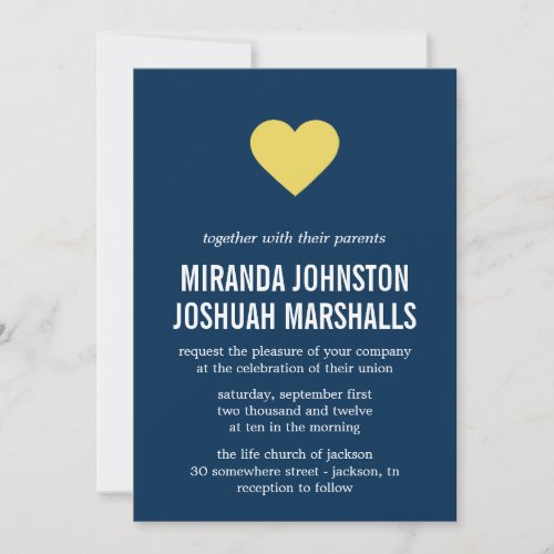 Navy &amp; Yellow Heart Design Wedding Invitations