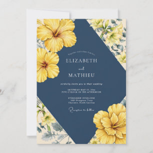 Navy Yellow Hibiscus Muted Eucalyptus Wedding Invitation