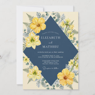 Navy Yellow Hibiscus Sage Wedding Invitation
