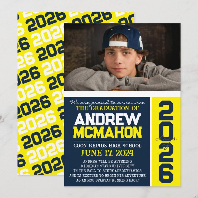 Navy & Yellow Modern Graduation Photo Announcement (Front/Back)