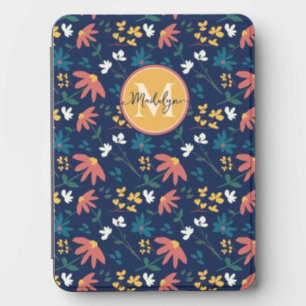 Navy Yellow Monogram Floral Pattern personalized Kindle Cover
