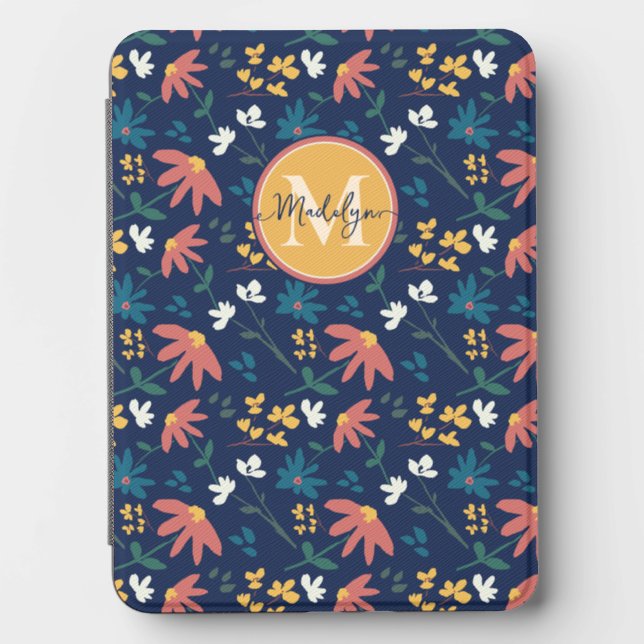 Navy Yellow Monogram Floral Pattern personalized  Kindle Cover (Front)