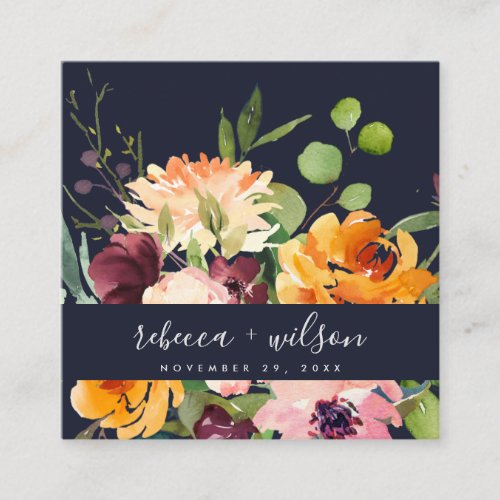 NAVY YELLOW ORANGE FLORA BUNCH WEDDING THANK YOU SQUARE BUSINESS CARD