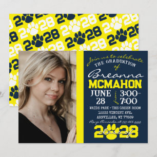 Navy & Yellow Pawprint Graduation Photo Invitation