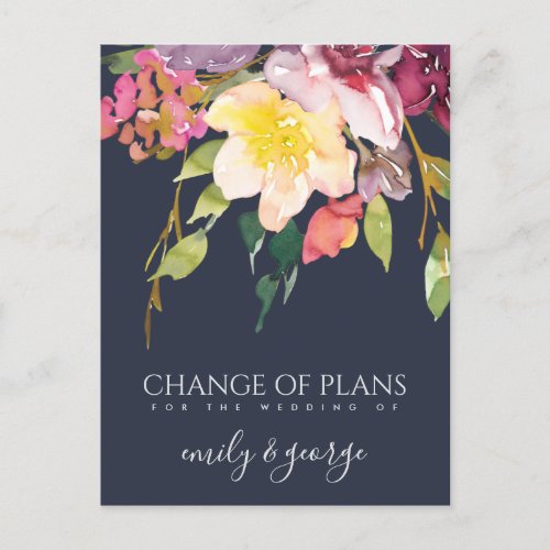 NAVY YELLOW PINK FLORAL WEDDING CHANGE OF PLANS ANNOUNCEMENT POSTCARD