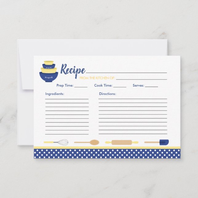 Navy & Yellow Retro Kitchen Bridal Recipe Card (Front)