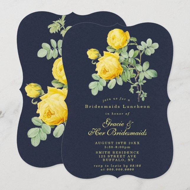Navy Yellow Rose Bridesmaids Luncheon Invite (Front/Back)