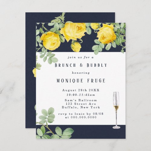 Navy Yellow Rose Rustic Brunch  Bubbly Invites