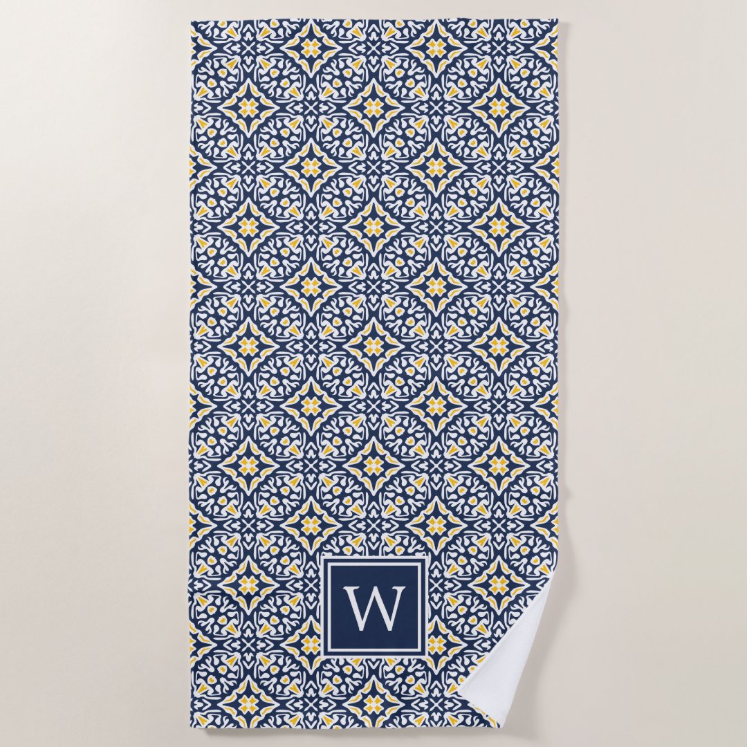 Navy & Yellow Spanish Tile Pattern Monogram Beach Towel Zazzle