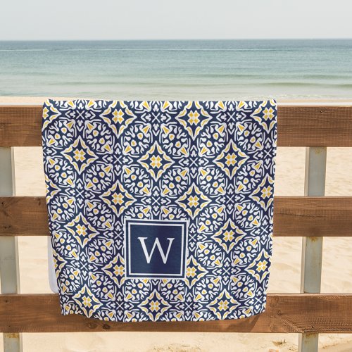 Navy  Yellow Spanish Tile Pattern Monogram Beach Towel