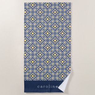 Navy Yellow Spanish Tile Pattern Personalized Beach Towel