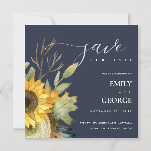 NAVY YELLOW SUNFLOWER FLORAL SAVE THE DATE CARD
