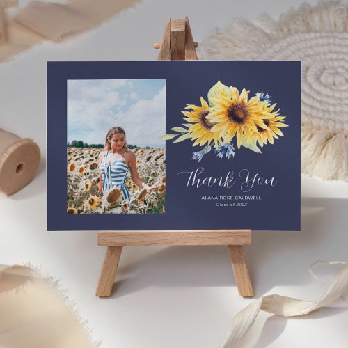 Navy  Yellow Sunflower Graduation Thank You Card