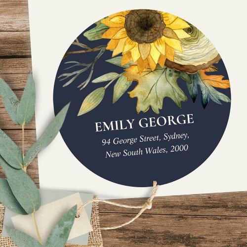 NAVY YELLOW SUNFLOWER WATERCOLOR FLORAL ADDRESS CLASSIC ROUND STICKER
