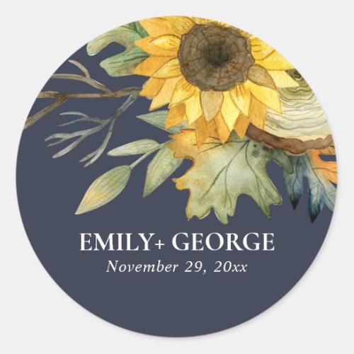 NAVY YELLOW SUNFLOWER WATERCOLOR FLORAL WEDDING CLASSIC ROUND STICKER