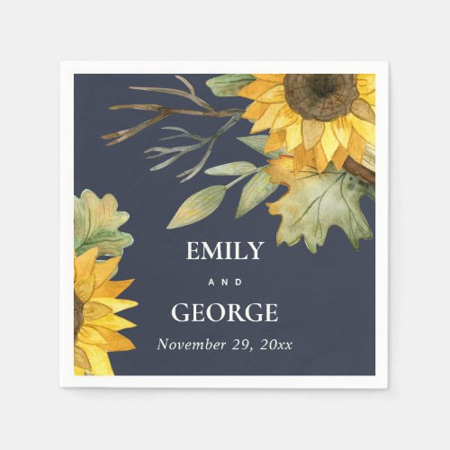 NAVY YELLOW SUNFLOWER WATERCOLOR FLORAL WEDDING NAPKINS