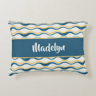 Navy Yellow Teal Waves Personalized Coastal Decor Accent Pillow