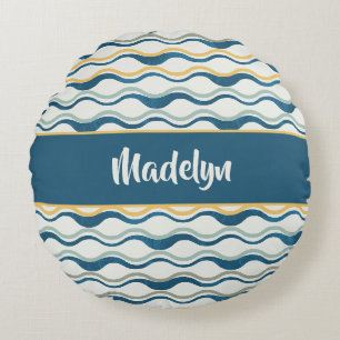Navy Yellow Teal Waves Personalized Coastal Decor Round Pillow