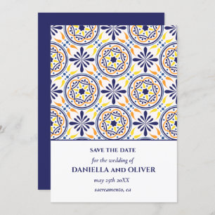 Navy Yellow Tile Mediterranean save the date Invitation
