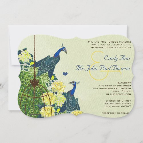 Navy  Yellow Vintage Peacock Bird Cage Wedding Invitation