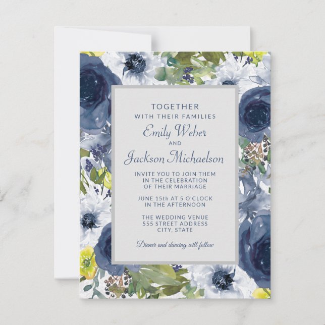 Navy Yellow White Floral and Gray Wedding Invitation (Front)