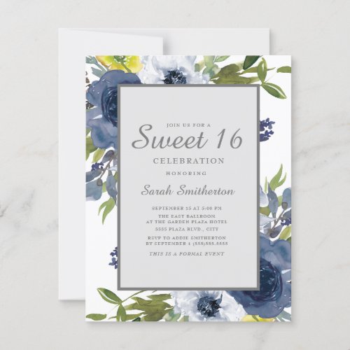 Navy Yellow White Floral Green Leaves Sweet 16 Invitation