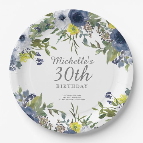 Navy Yellow White Floral Leaves 30th Birthday   Paper Plates