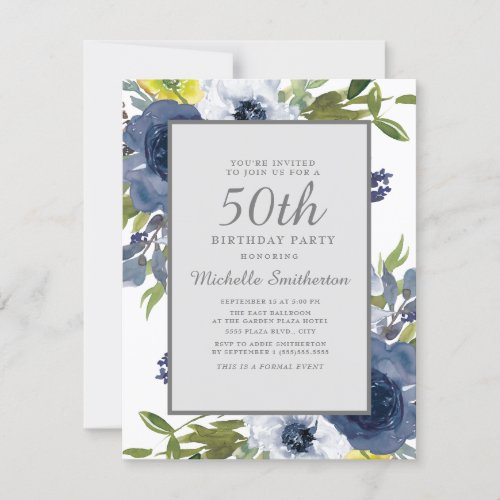 Navy Yellow White Floral Leaves 50th Birthday Invitation