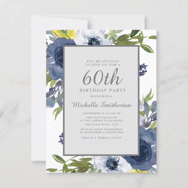 Navy Yellow White Floral Leaves 60th Birthday Invitation | Zazzle