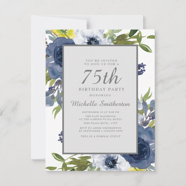 Navy Yellow White Floral Leaves 75th Birthday Invitation (Front)