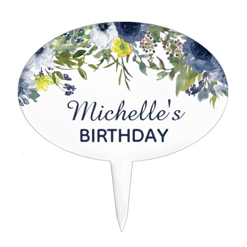 Navy Yellow White Floral Leaves Birthday Party Cake Topper