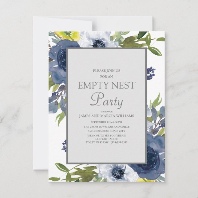 Navy Yellow White Floral Leaves Empty Nest Party Invitation (Front)