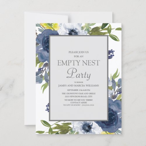 Navy Yellow White Floral Leaves Empty Nest Party Invitation
